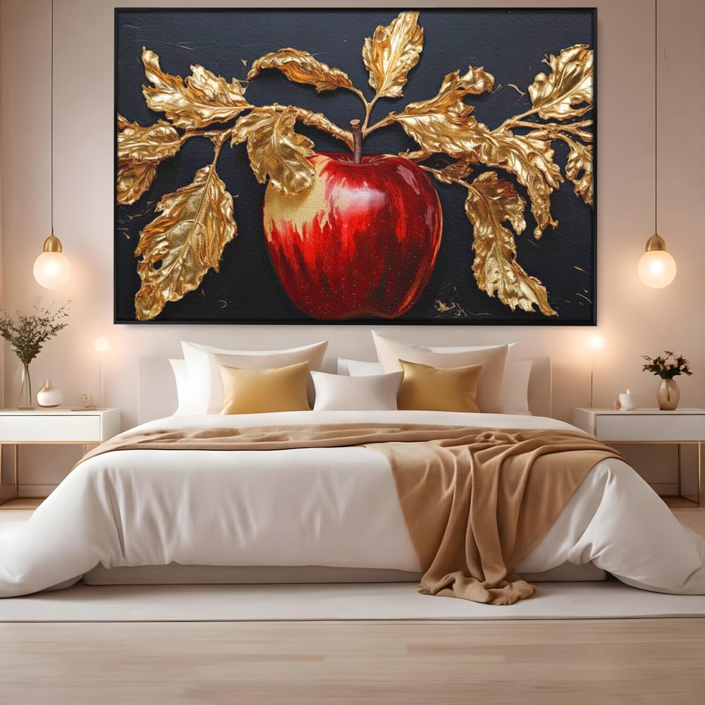 Tablou canvas cu tablou canvas cu mar rosu si frunze aurii, in rama de aluminiu negru, pe perete intr-un dormitor