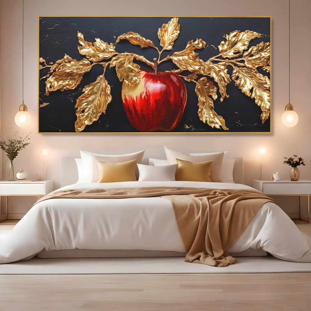 Tablou canvas cu tablou canvas cu mar rosu si frunze aurii, in rama de aluminiu auriu, pe perete intr-un dormitor