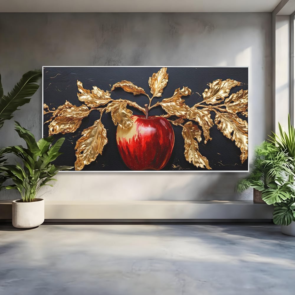 Tablou canvas cu tablou canvas cu mar rosu si frunze aurii, in rama de aluminiu argintiu