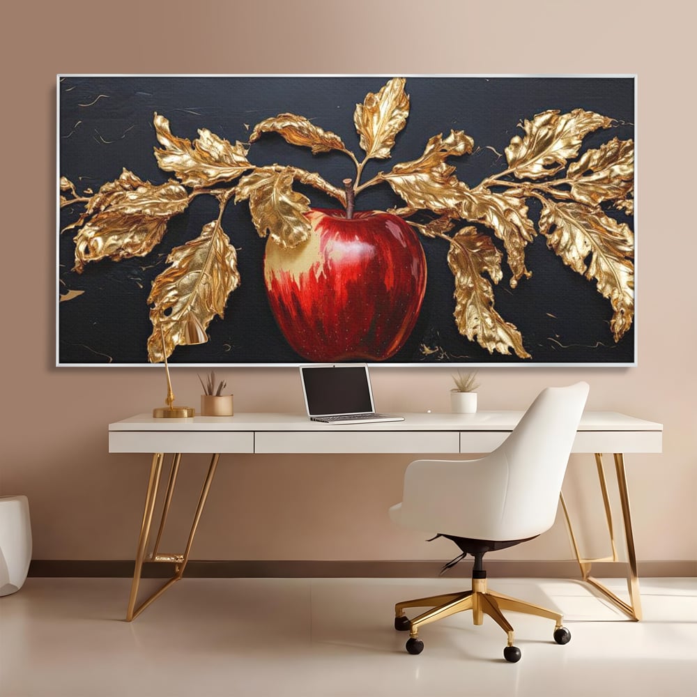 Tablou canvas cu tablou canvas cu mar rosu si frunze aurii, in rama de aluminiu argintiu, pe perete intr-un birou