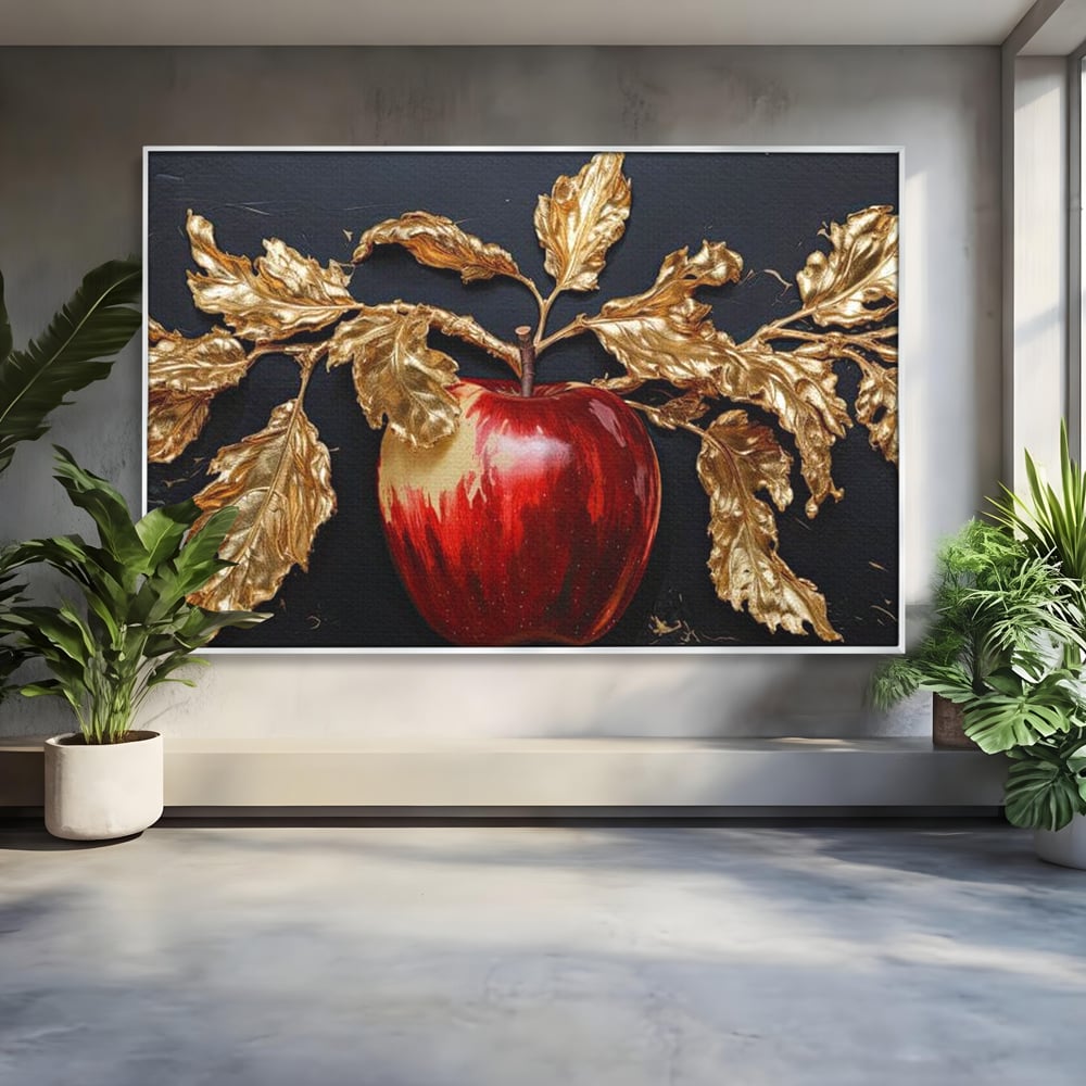 Tablou canvas cu tablou canvas cu mar rosu si frunze aurii, in rama de aluminiu argintiu