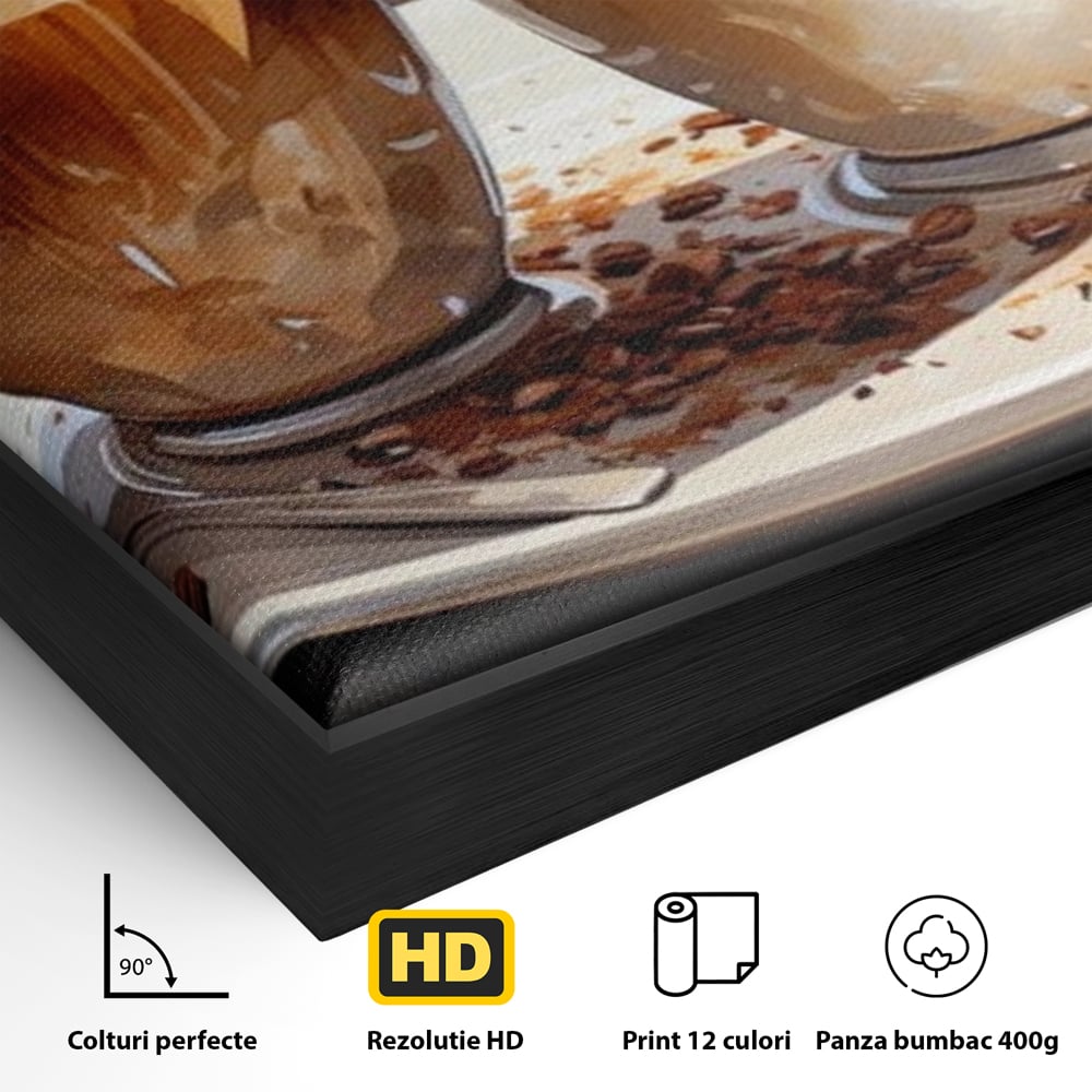 Detaliu al suprafetei: tablou canvas cu cesti de cafea, in rama de aluminiu negru