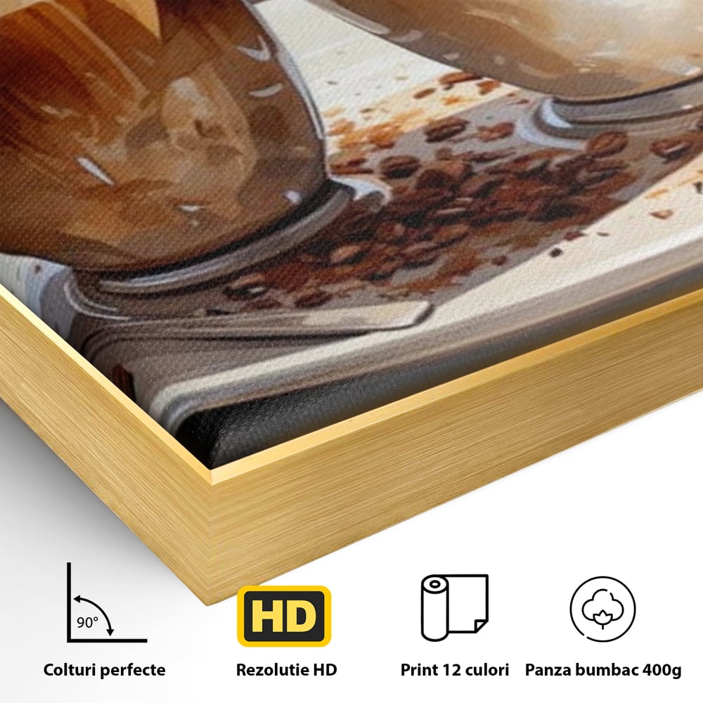 Detaliu al suprafetei: tablou canvas cu cesti de cafea, in rama de aluminiu auriu