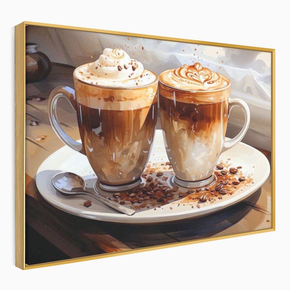 Tablou canvas cu tablou canvas cu cesti de cafea, in rama de aluminiu auriu