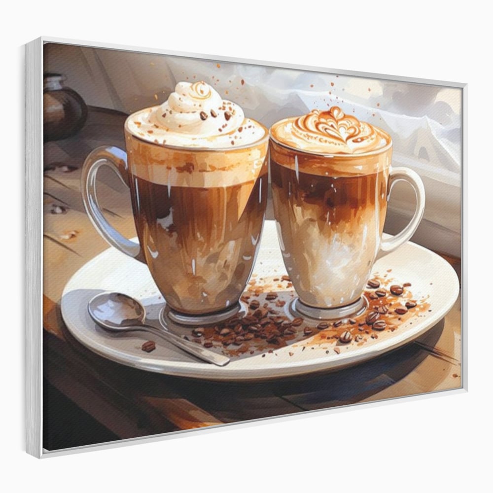 Tablou canvas cu tablou canvas cu cesti de cafea, in rama de aluminiu argintiu
