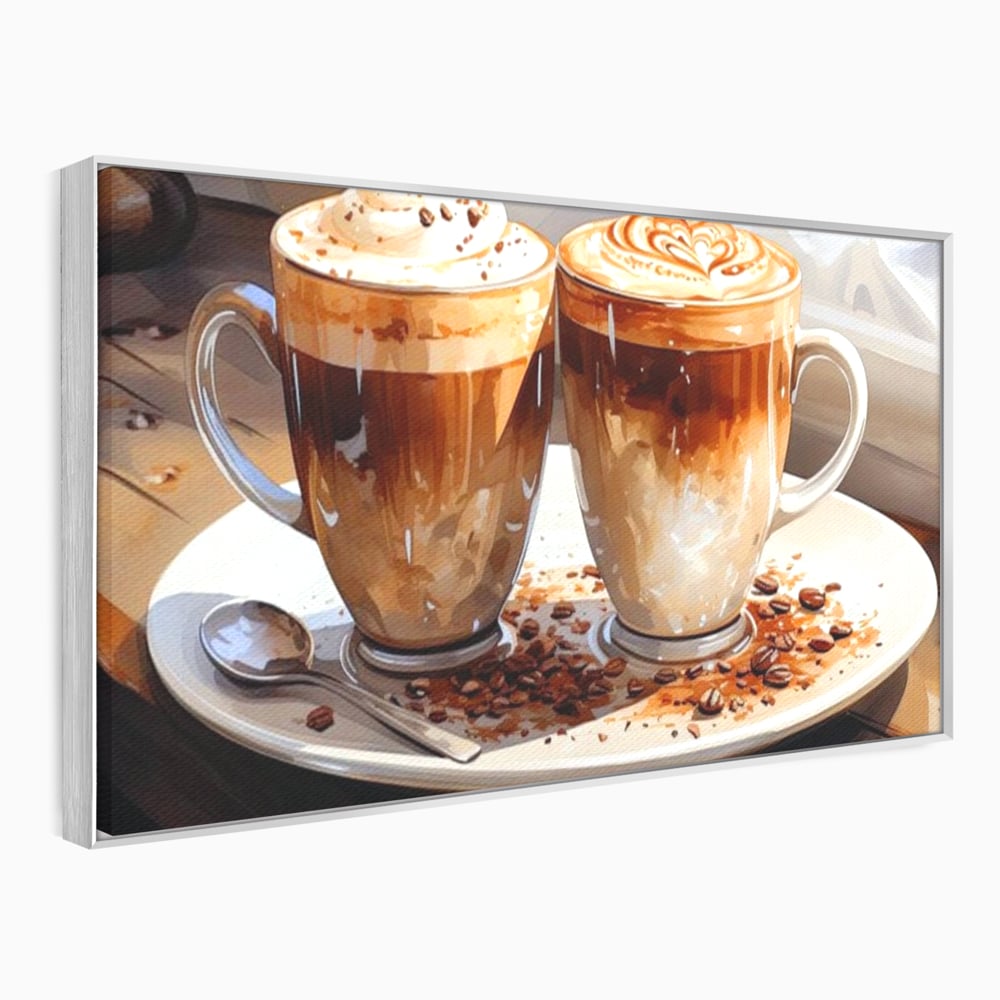 Tablou canvas cu tablou canvas cu cesti de cafea, in rama de aluminiu argintiu