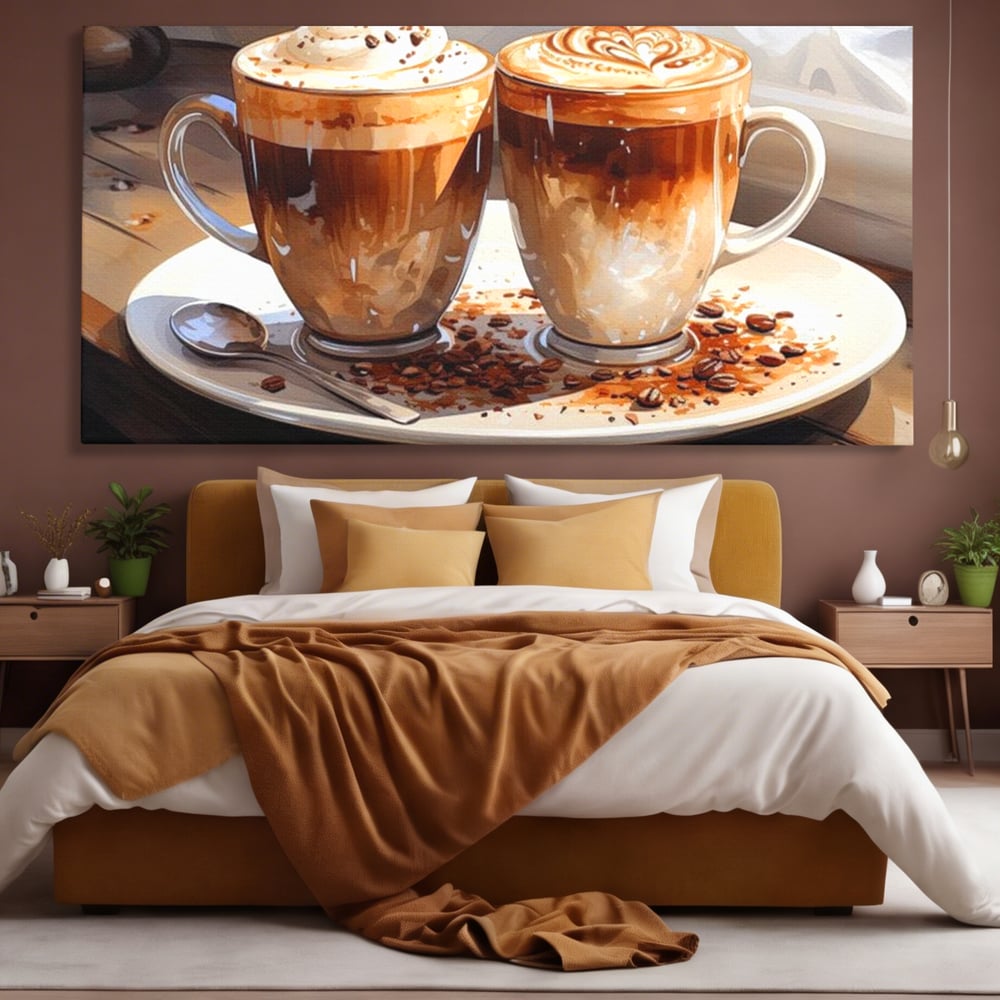 Tablou canvas cu tablou canvas cu cesti de cafea, fara rama, pe sasiu de lemn, pe perete intr-un dormitor