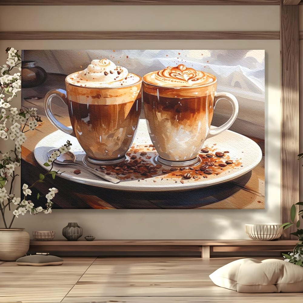 Tablou canvas cu tablou canvas cu cesti de cafea, fara rama, pe sasiu de lemn