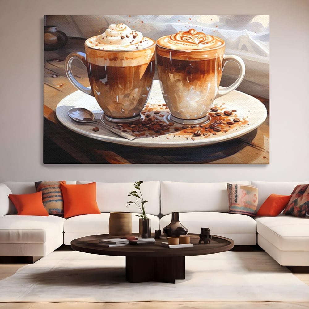 Tablou canvas cu tablou canvas cu cesti de cafea, fara rama, pe sasiu de lemn, pe perete intr-un living