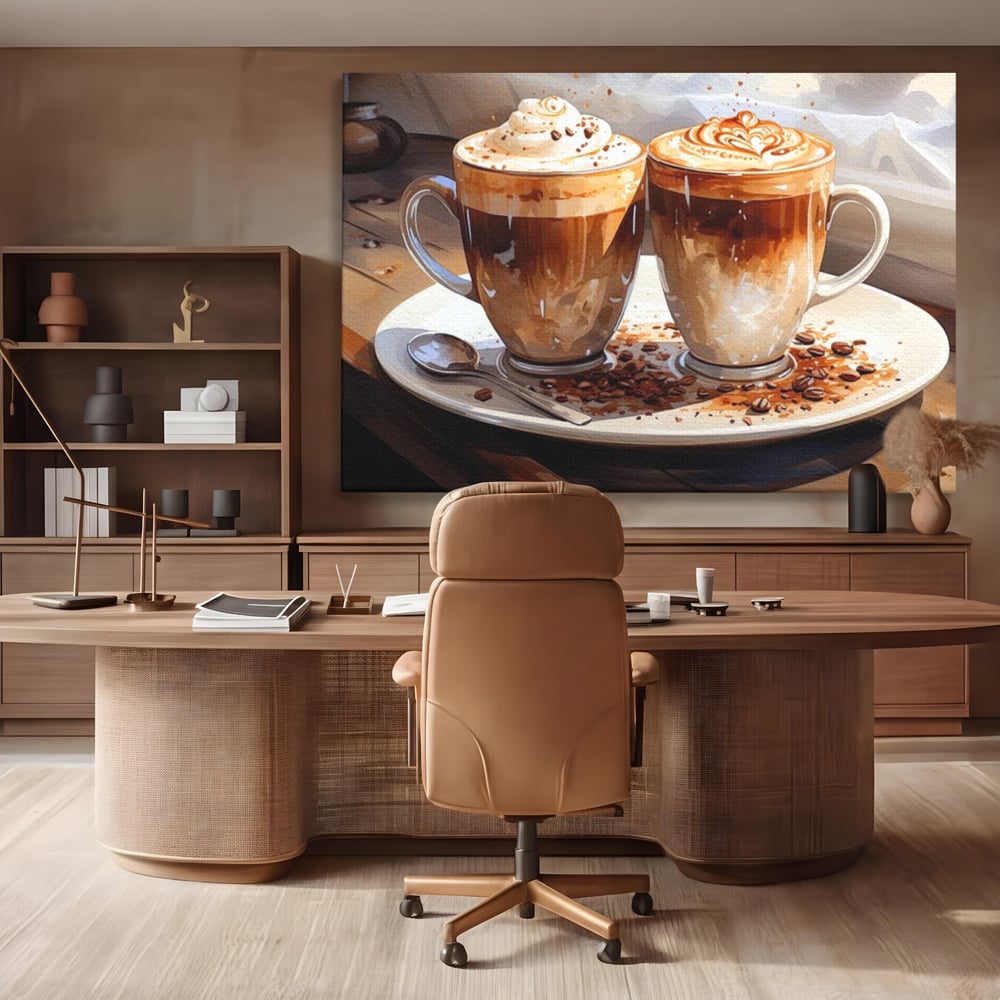 Tablou canvas cu tablou canvas cu cesti de cafea, fara rama, pe sasiu de lemn, pe perete intr-un birou