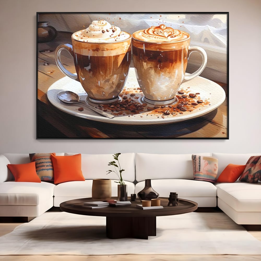 Tablou canvas cu tablou canvas cu cesti de cafea, in rama de aluminiu negru, pe perete intr-un living