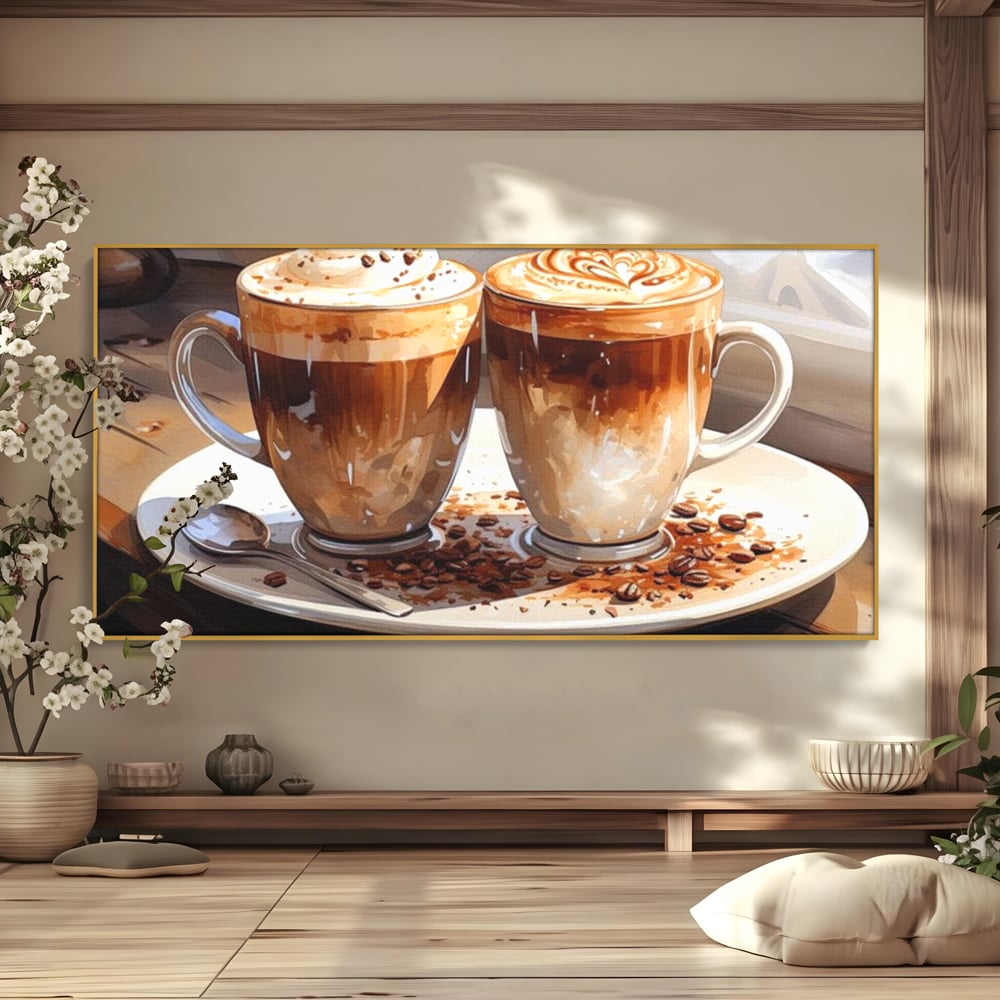 Tablou canvas cu tablou canvas cu cesti de cafea, in rama de aluminiu auriu