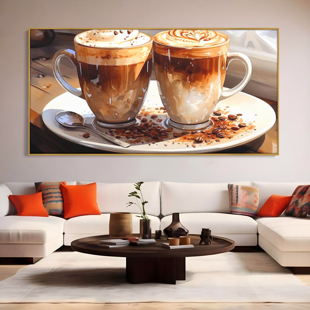 Tablou canvas cu tablou canvas cu cesti de cafea, in rama de aluminiu auriu, pe perete intr-un living