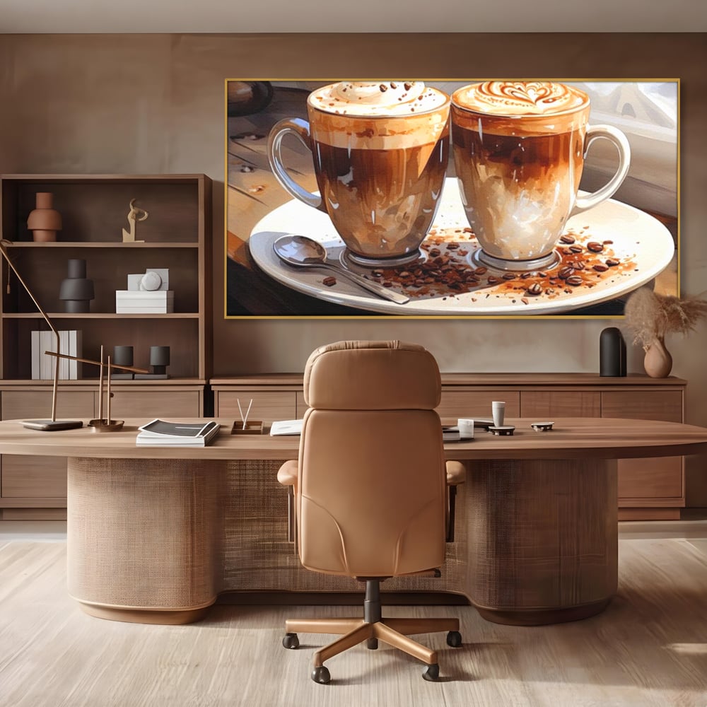 Tablou canvas cu tablou canvas cu cesti de cafea, in rama de aluminiu auriu, pe perete intr-un birou
