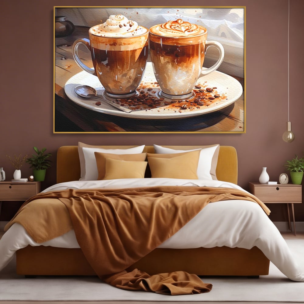 Tablou canvas cu tablou canvas cu cesti de cafea, in rama de aluminiu auriu, pe perete intr-un dormitor