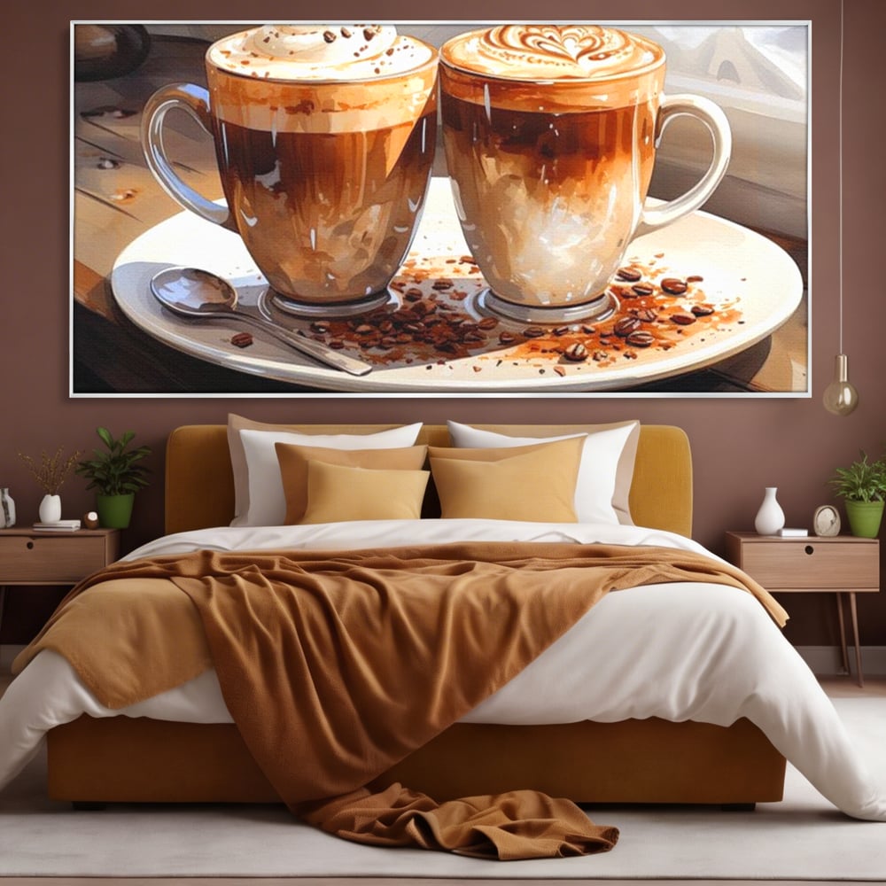 Tablou canvas cu tablou canvas cu cesti de cafea, in rama de aluminiu argintiu, pe perete intr-un dormitor