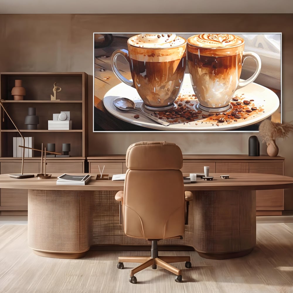 Tablou canvas cu tablou canvas cu cesti de cafea, in rama de aluminiu argintiu, pe perete intr-un birou