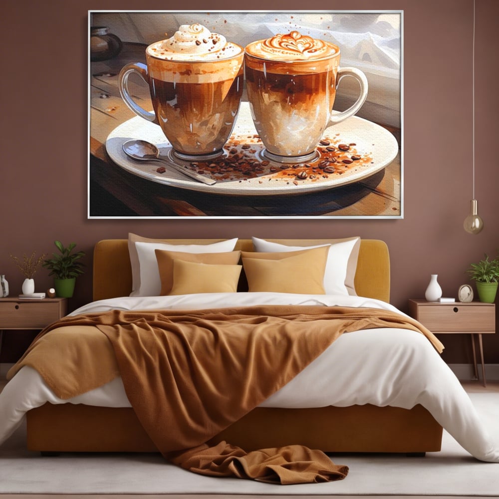 Tablou canvas cu tablou canvas cu cesti de cafea, in rama de aluminiu argintiu, pe perete intr-un dormitor