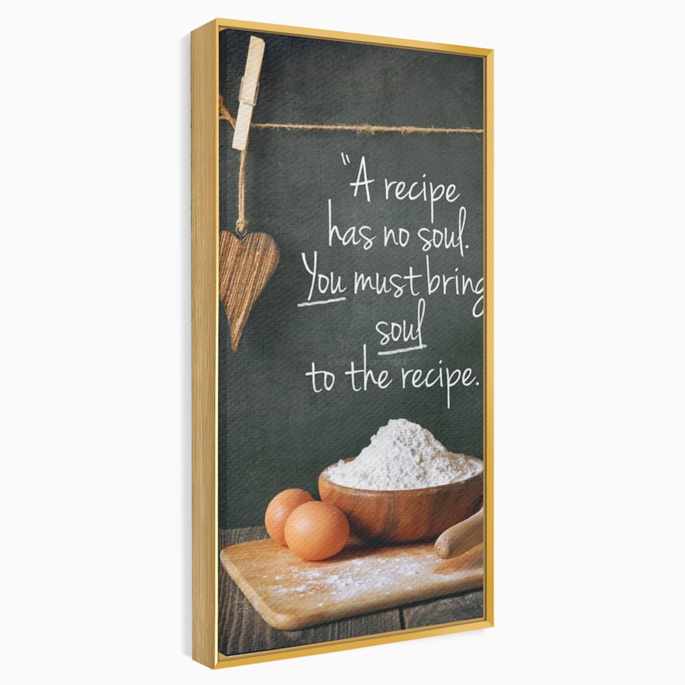 Tablou canvas cu tablou canvas cu citat culinar si faina, in rama de aluminiu auriu