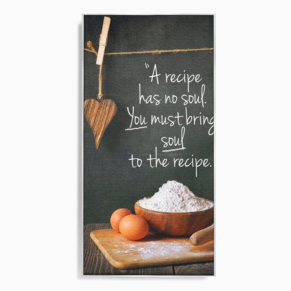 Tablou canvas cu tablou canvas cu citat culinar si faina, in rama de aluminiu argintiu