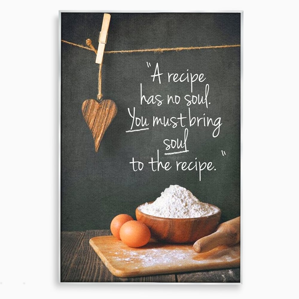 Tablou canvas cu tablou canvas cu citat culinar si faina, in rama de aluminiu argintiu