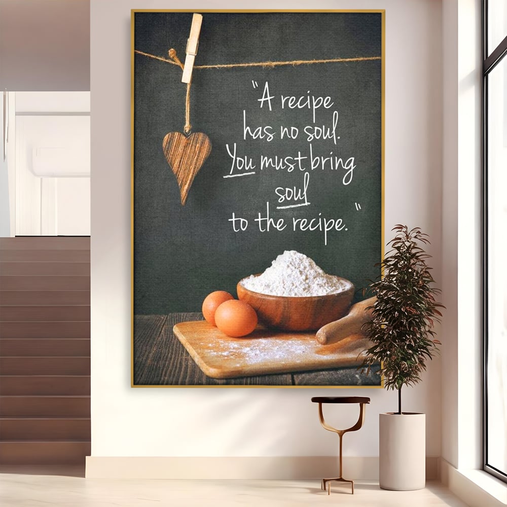 Tablou canvas cu tablou canvas cu citat culinar si faina, in rama de aluminiu auriu