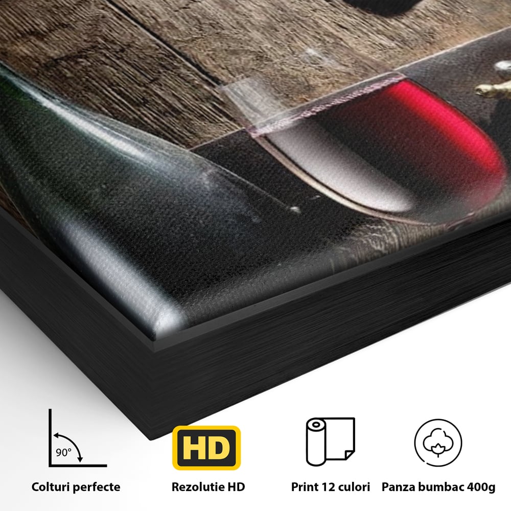 Detaliu al suprafetei: tablou canvas cu butoi si vin, in rama de aluminiu negru