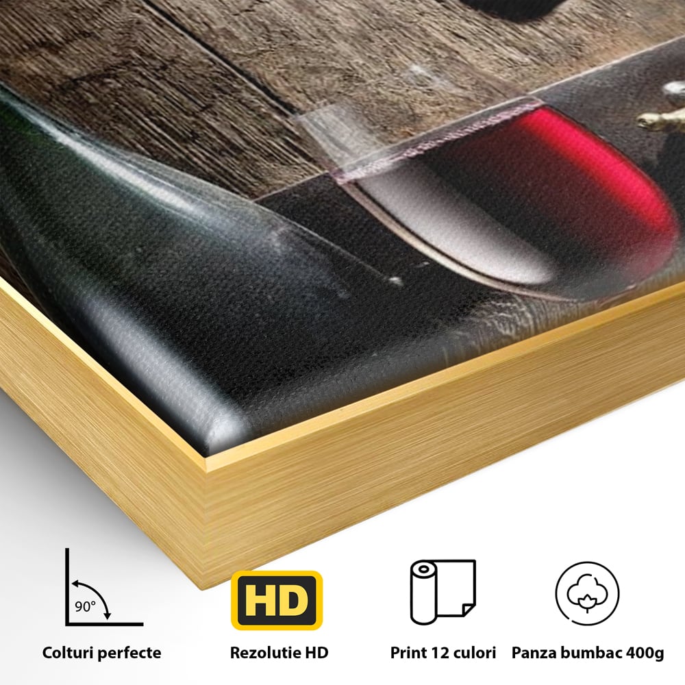 Detaliu al suprafetei: tablou canvas cu butoi si vin, in rama de aluminiu auriu
