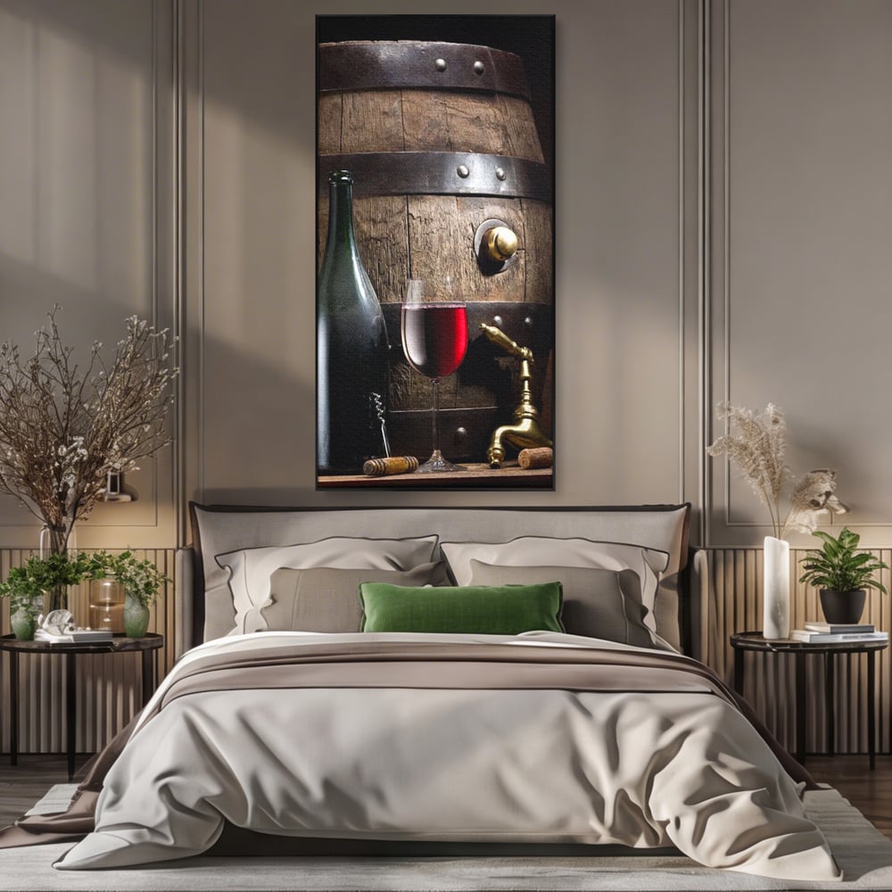 Tablou canvas cu tablou canvas cu butoi si vin, in rama de aluminiu negru, pe perete intr-un dormitor