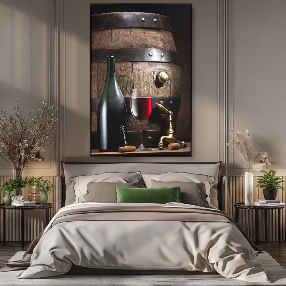 Tablou canvas cu tablou canvas cu butoi si vin, in rama de aluminiu negru, pe perete intr-un dormitor
