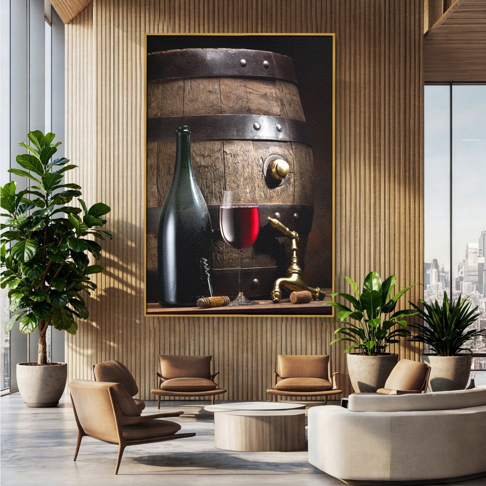 Tablou canvas cu tablou canvas cu butoi si vin, in rama de aluminiu auriu, pe perete intr-un birou