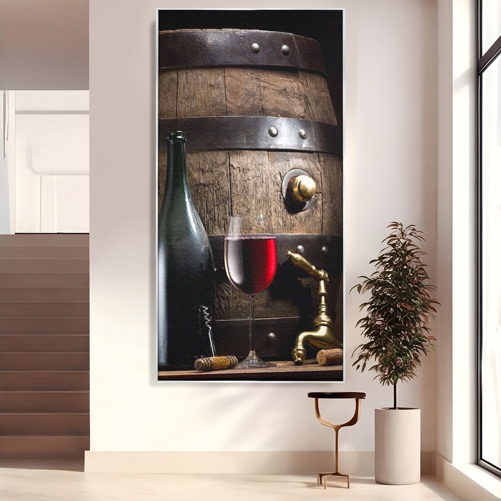 Tablou canvas cu tablou canvas cu butoi si vin, in rama de aluminiu argintiu