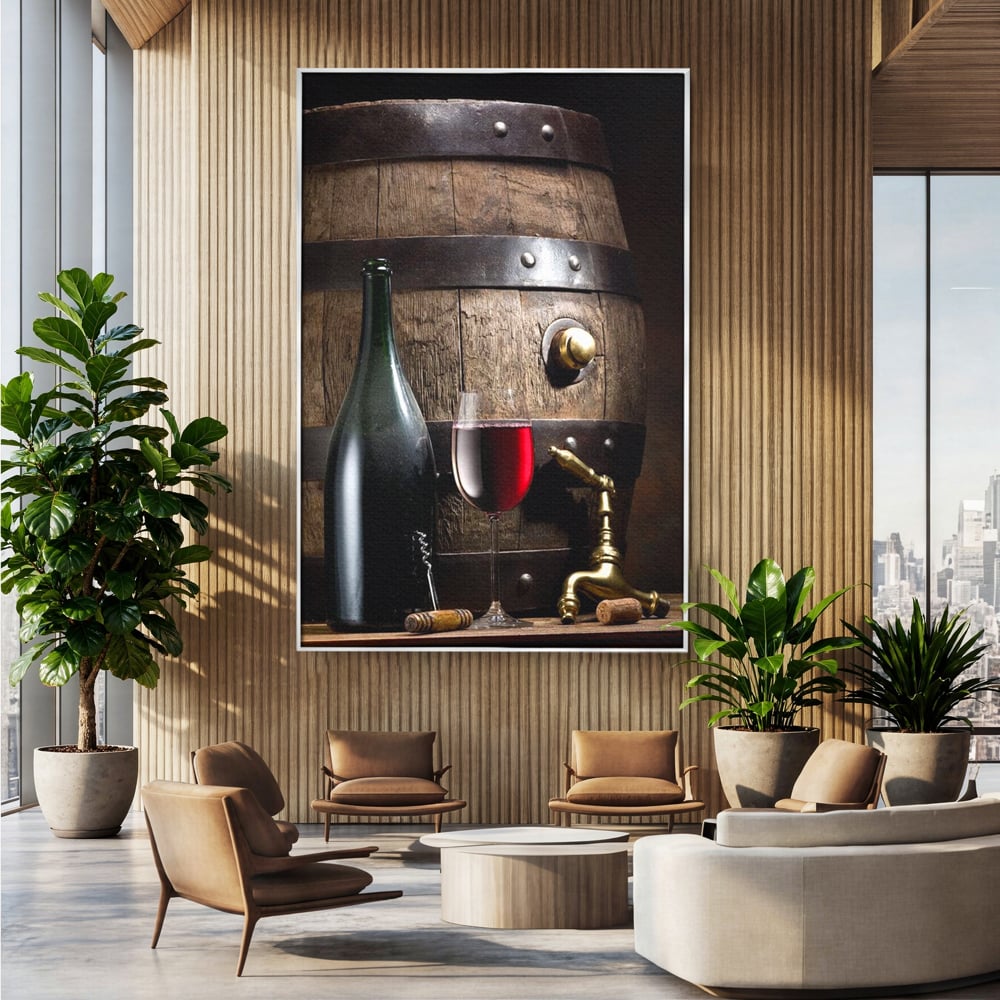 Tablou canvas cu tablou canvas cu butoi si vin, in rama de aluminiu argintiu, pe perete intr-un birou