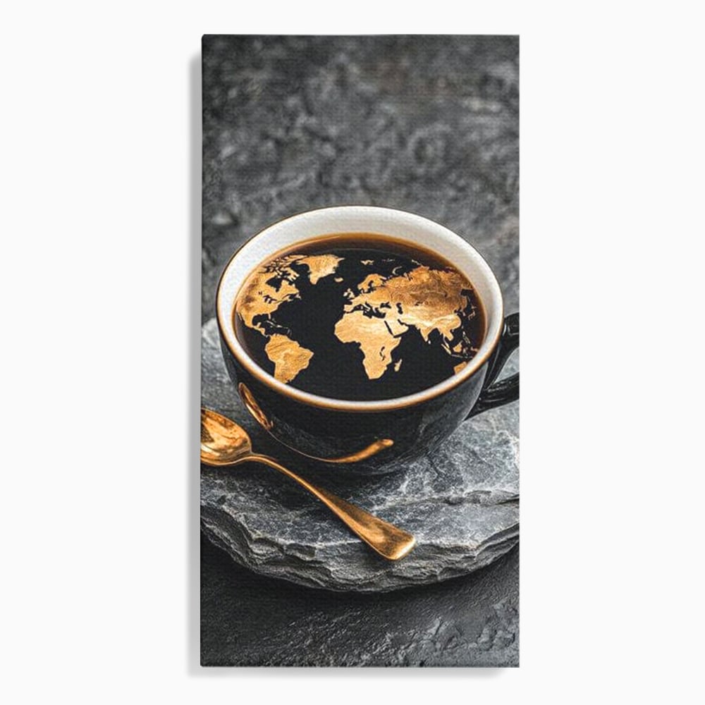 Tablou canvas cu tablou canvas cu ceasca de cafea si harta lumii, fara rama, pe sasiu de lemn