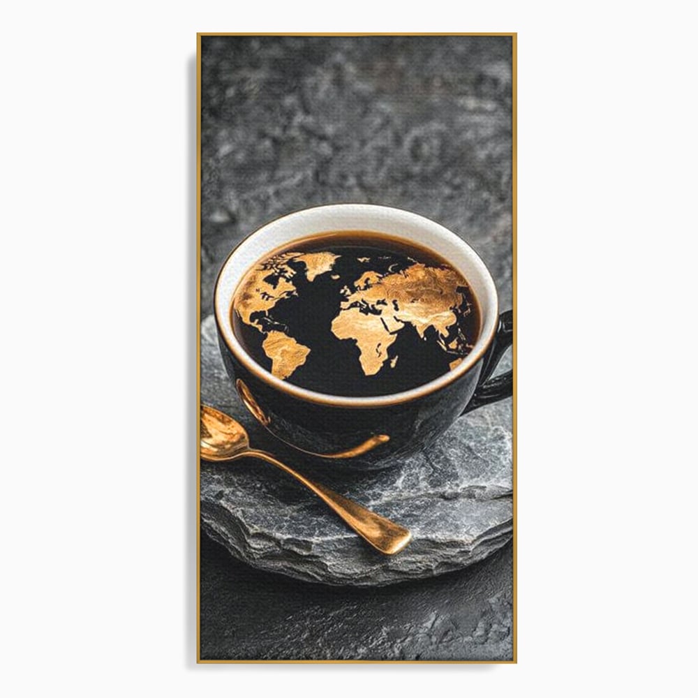 Tablou canvas cu tablou canvas cu ceasca de cafea si harta lumii, in rama de aluminiu auriu