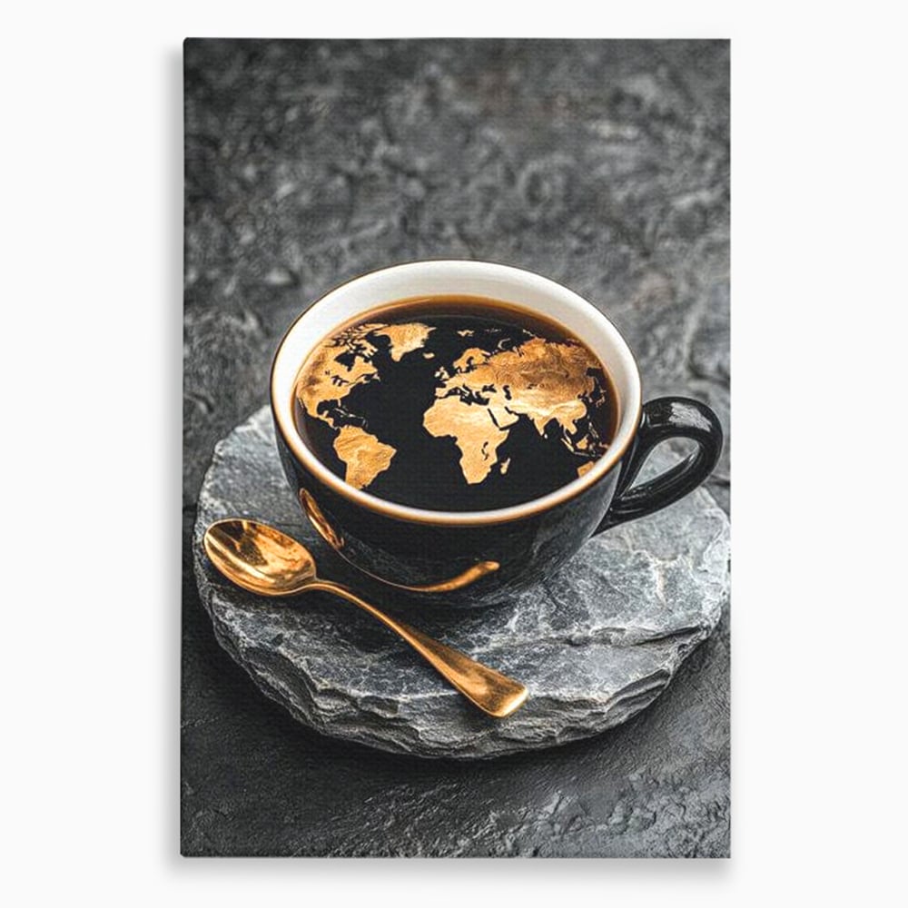 Tablou canvas cu tablou canvas cu ceasca de cafea si harta lumii, fara rama, pe sasiu de lemn