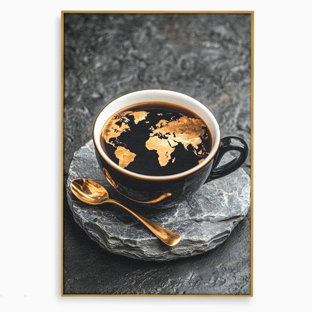 Tablou canvas cu tablou canvas cu ceasca de cafea si harta lumii, in rama de aluminiu auriu