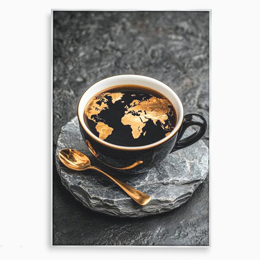 Tablou canvas cu tablou canvas cu ceasca de cafea si harta lumii, in rama de aluminiu argintiu