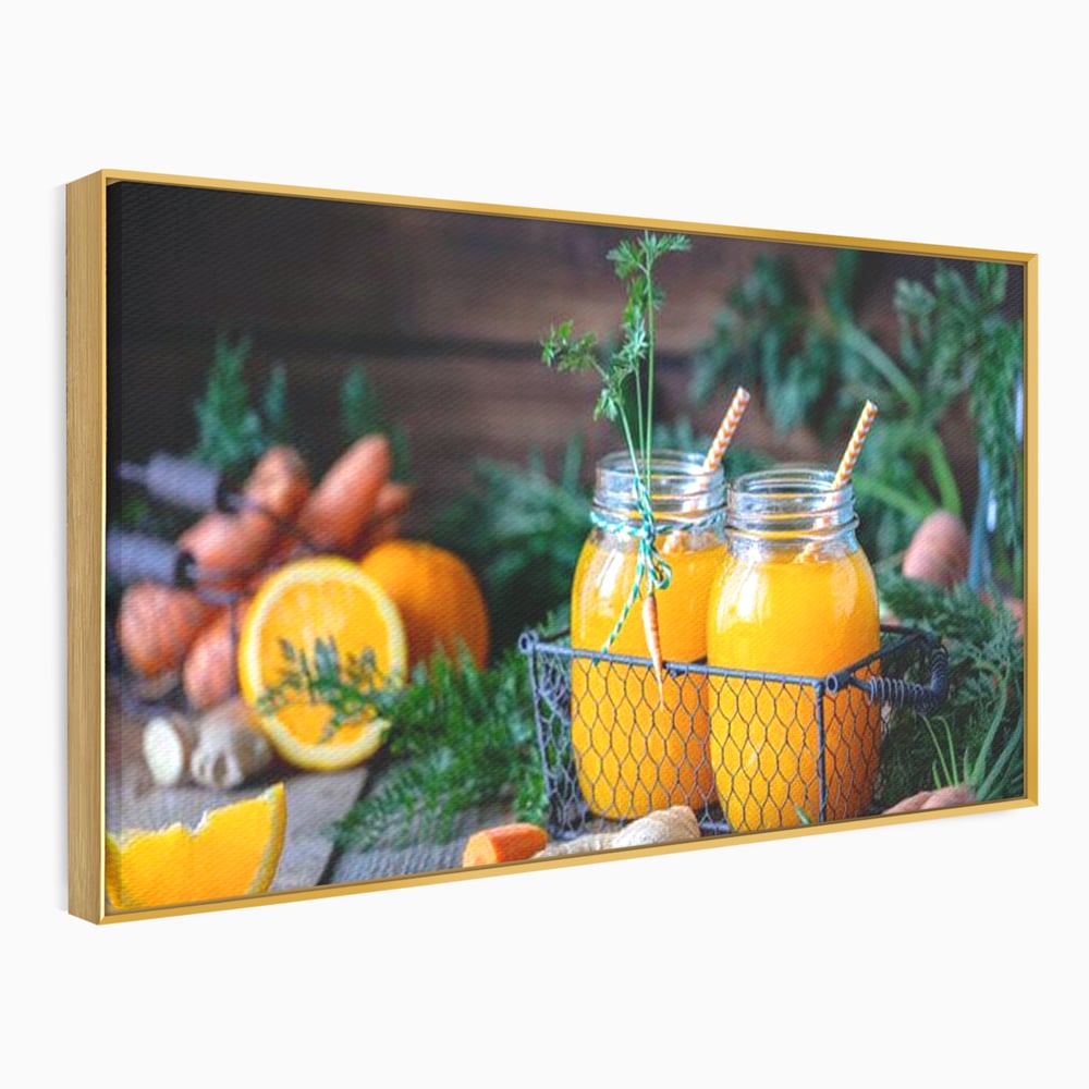 Tablou canvas cu tablou canvas cu suc de morcovi, in rama de aluminiu auriu
