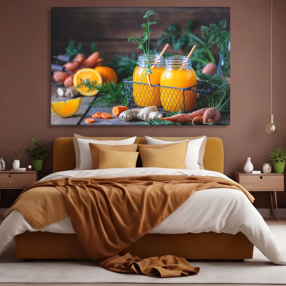 Tablou canvas cu tablou canvas cu suc de morcovi, fara rama, pe sasiu de lemn, pe perete intr-un dormitor