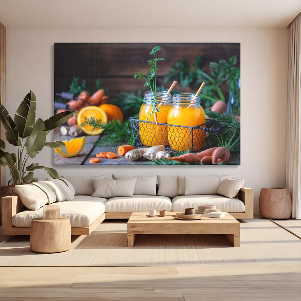 Tablou canvas cu tablou canvas cu suc de morcovi, fara rama, pe sasiu de lemn, pe perete intr-un living