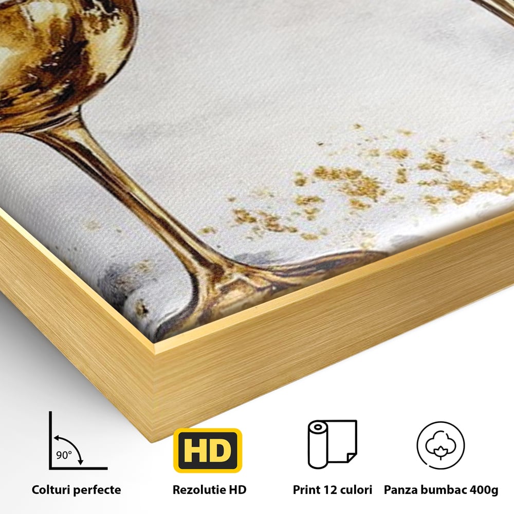 Detaliu al suprafetei: tablou canvas cu doua pahare de vin, in rama de aluminiu auriu