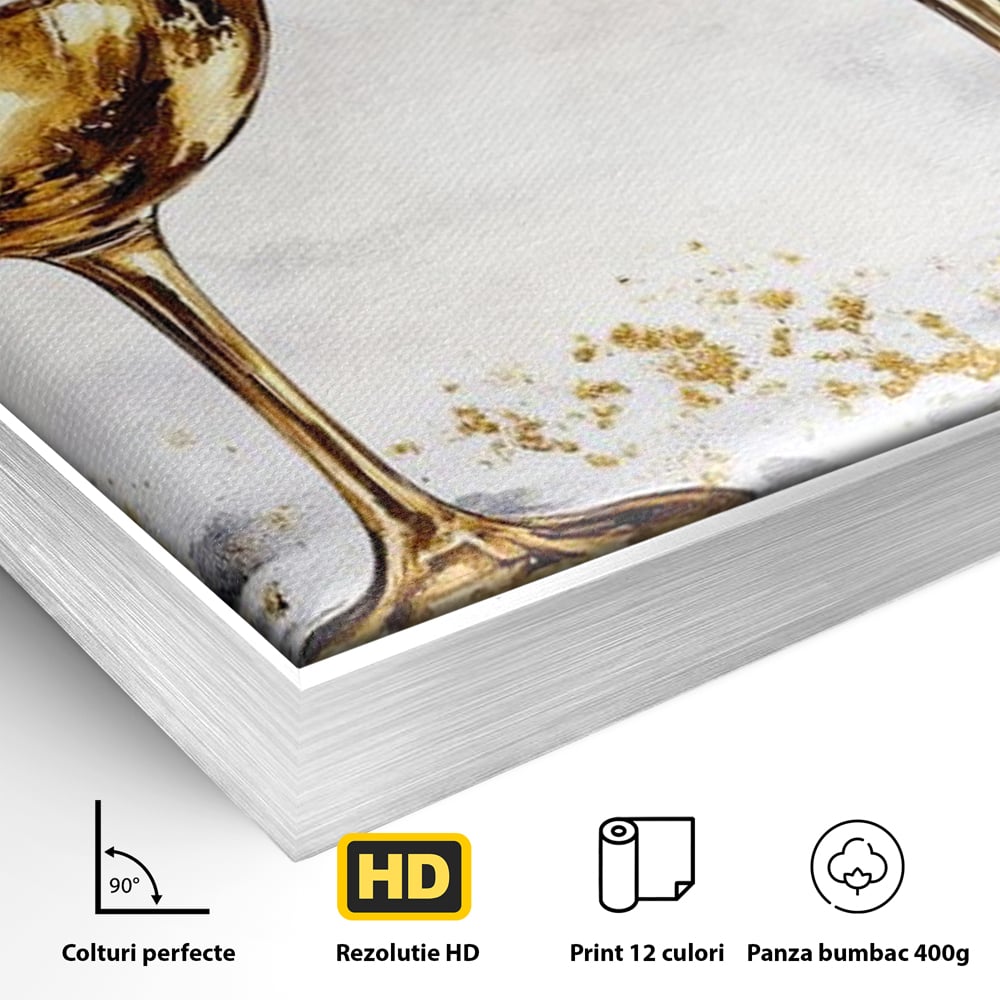 Detaliu al suprafetei: tablou canvas cu doua pahare de vin, in rama de aluminiu argintiu