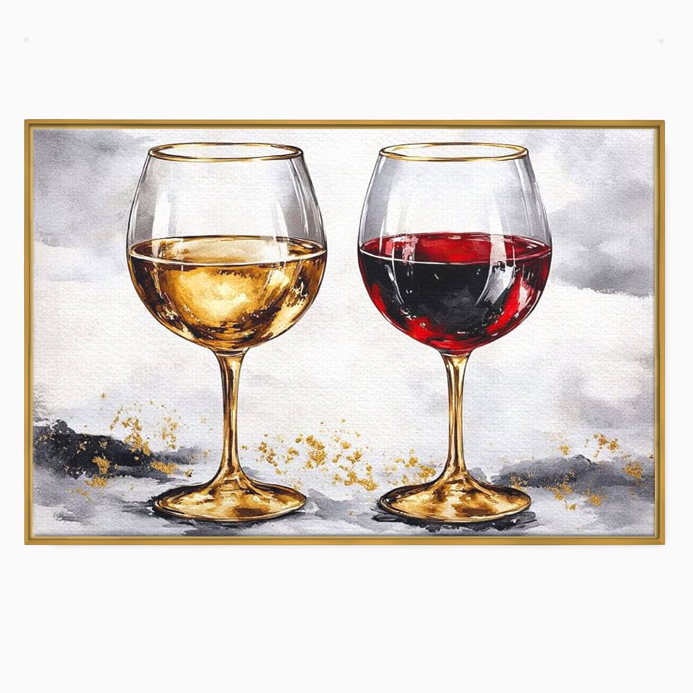 Tablou canvas cu tablou canvas cu doua pahare de vin, in rama de aluminiu auriu