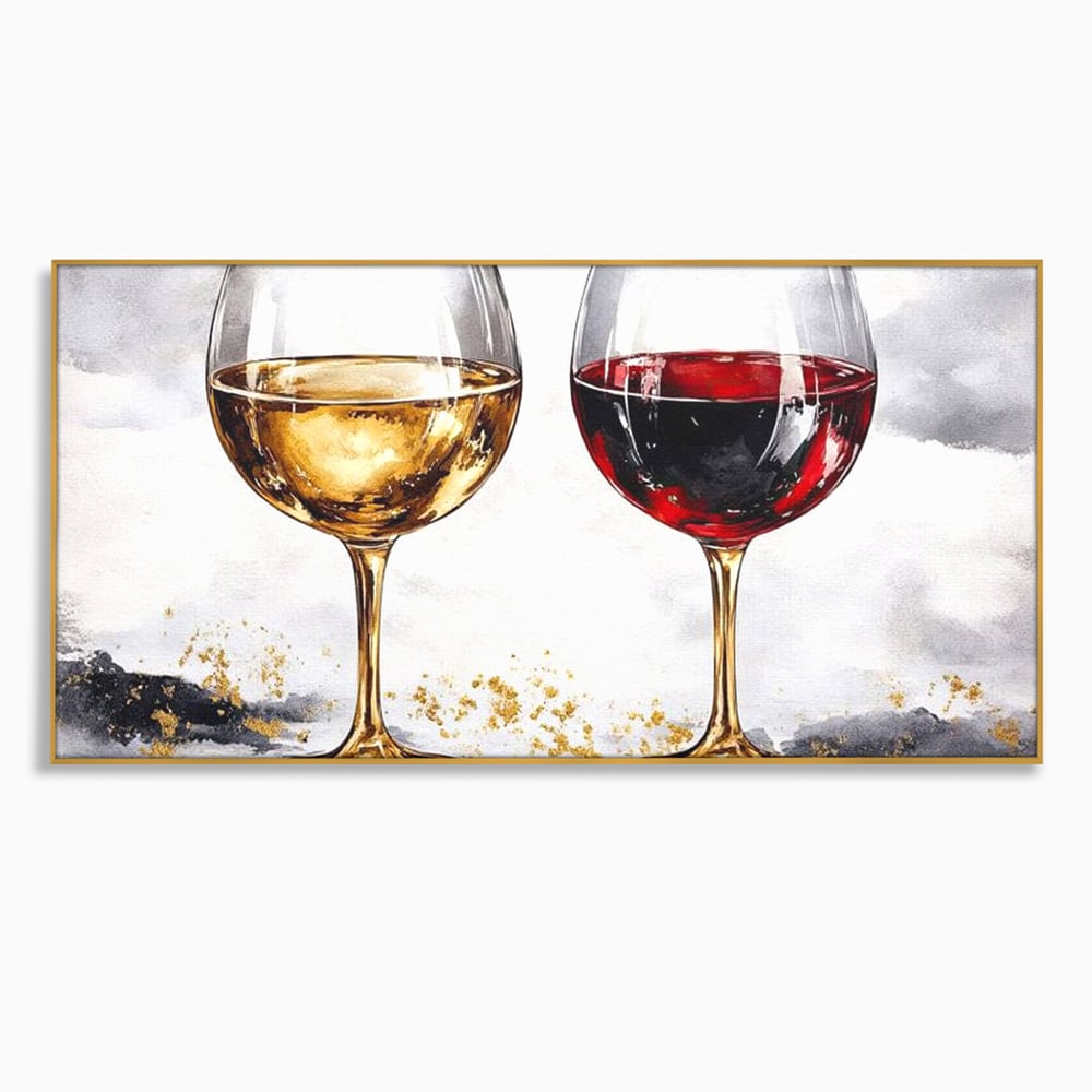 Tablou canvas cu tablou canvas cu doua pahare de vin, in rama de aluminiu auriu
