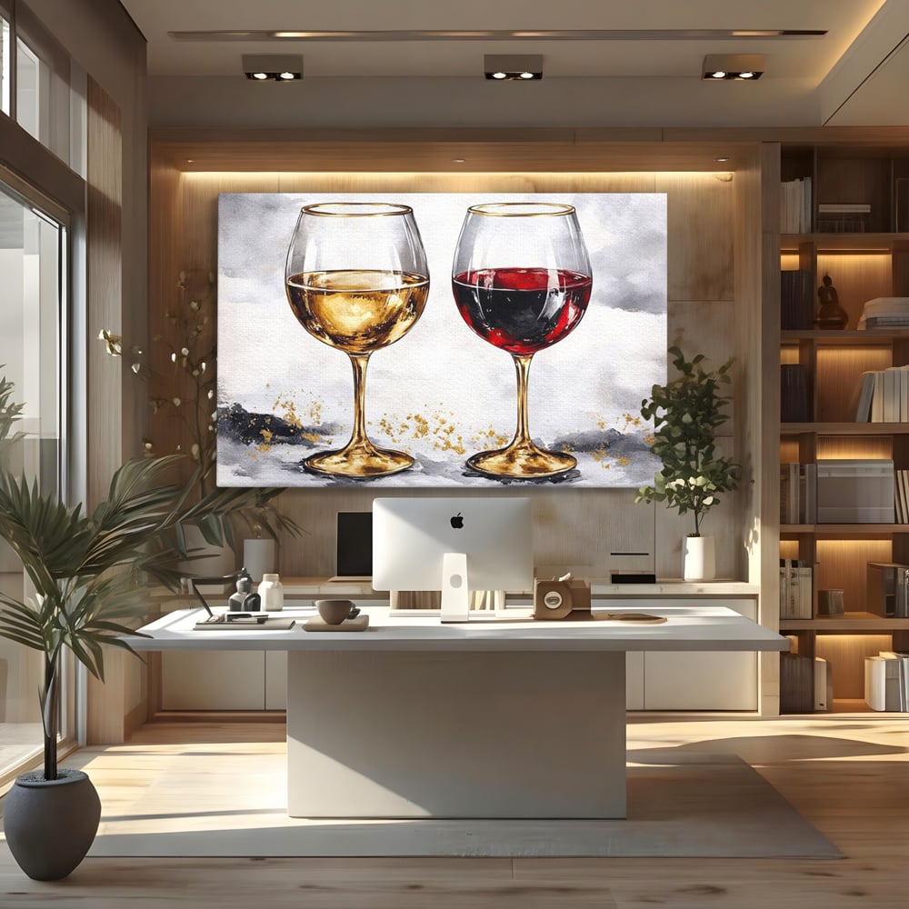 Tablou canvas cu tablou canvas cu doua pahare de vin, fara rama, pe sasiu de lemn, pe perete intr-un birou