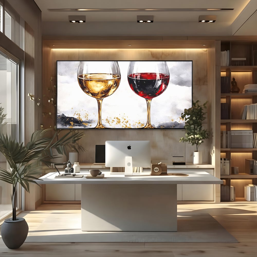 Tablou canvas cu tablou canvas cu doua pahare de vin, in rama de aluminiu negru, pe perete intr-un birou