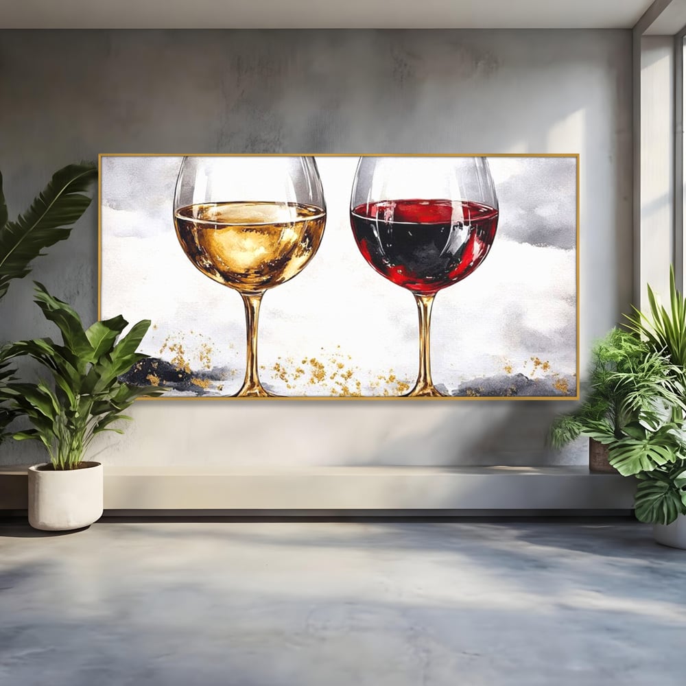 Tablou canvas cu tablou canvas cu doua pahare de vin, in rama de aluminiu auriu