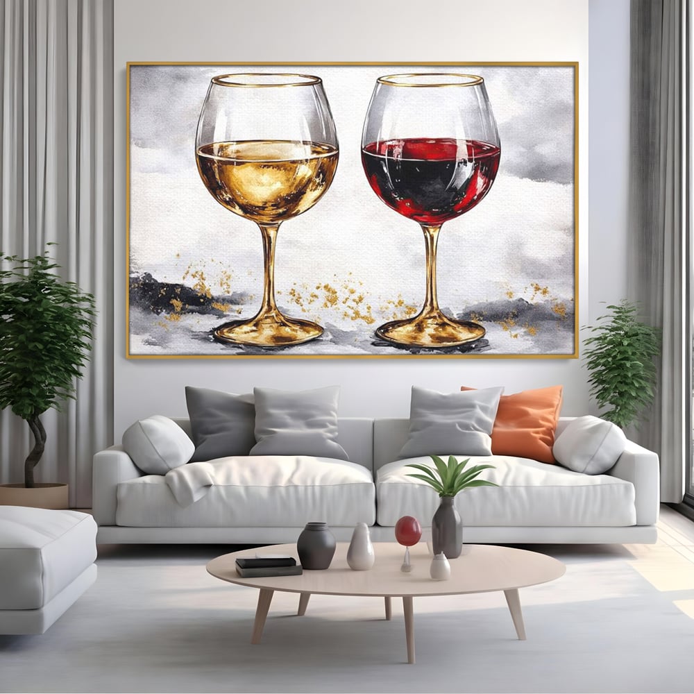Tablou canvas cu tablou canvas cu doua pahare de vin, in rama de aluminiu auriu, pe perete intr-un living