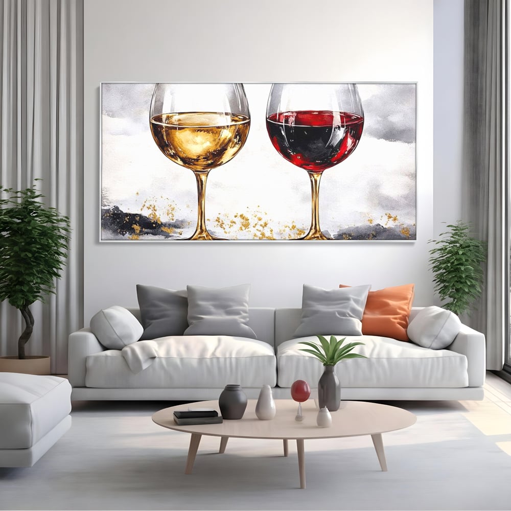 Tablou canvas cu tablou canvas cu doua pahare de vin, in rama de aluminiu argintiu, pe perete intr-un living